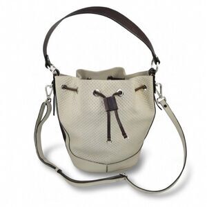 The Trend Mini Aston Leather Perforated Off White Drawstring Bucket Bag
